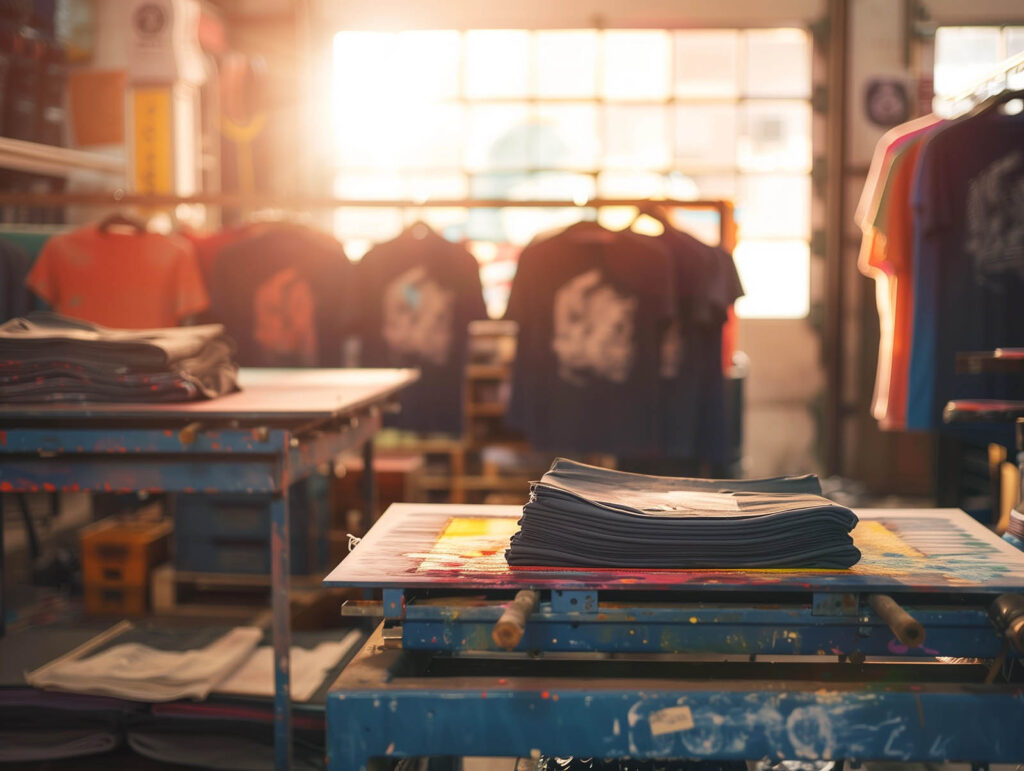 An image of the OrwellianWear t-shirt printing operations, in the workshop with sun shining in the window.