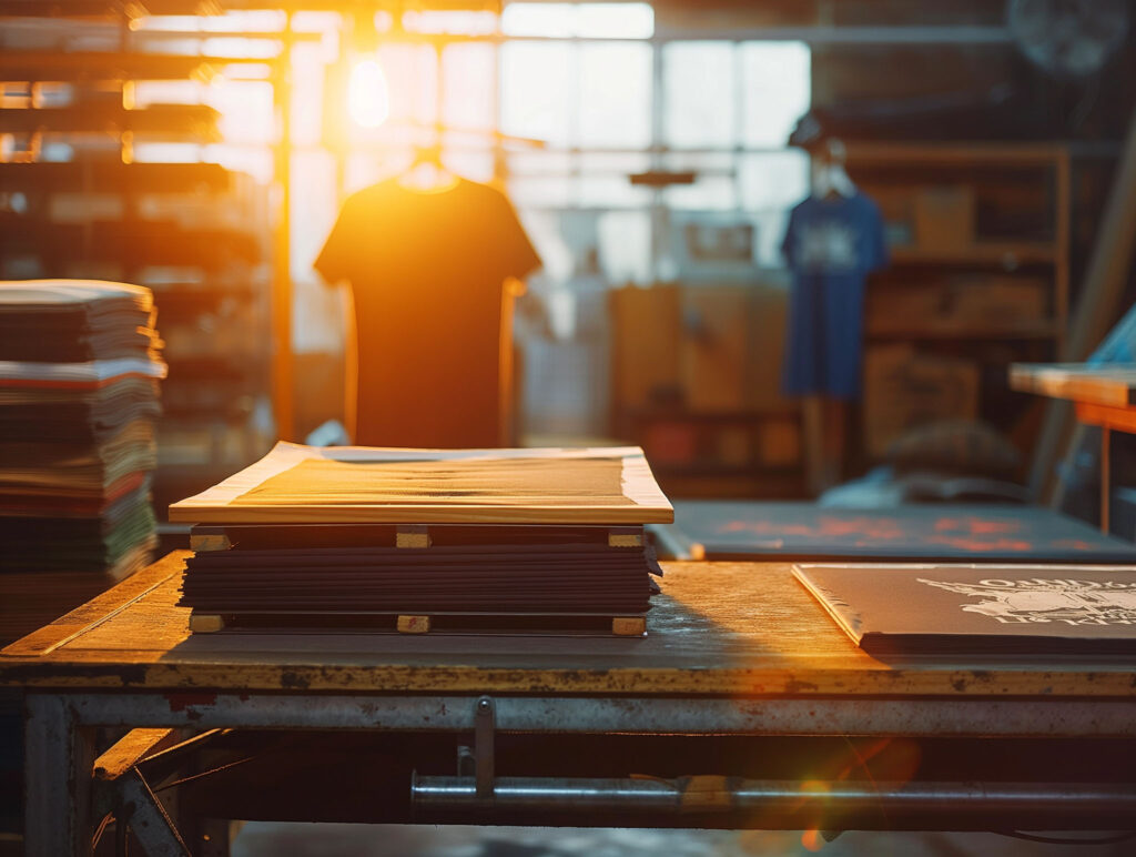 The OrwellianWear T-shirt workshop with the sun shining through the window.
