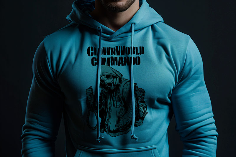 A blue "clownworld commando" hoodie from OrwellianWear's exclusive hoodie collection