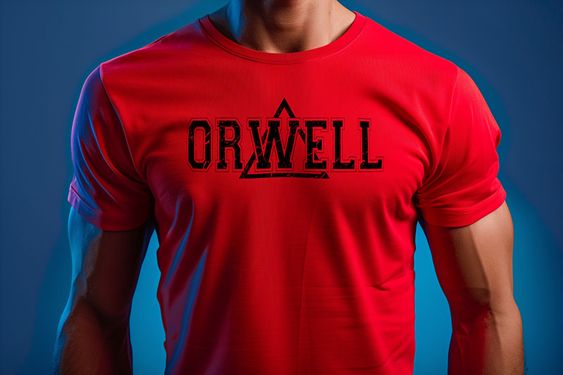 An athletic male wearing a red t-shirt from OrwellianWear's exclusive t-shirt collection.